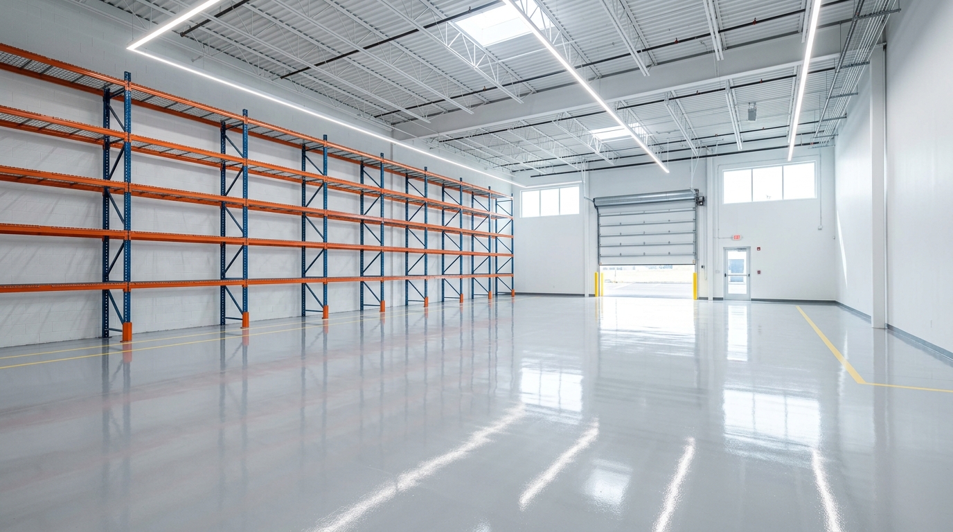 Polished epoxy-coated concrete warehouse floor installed for a light-commercial space near the Oceanside coast