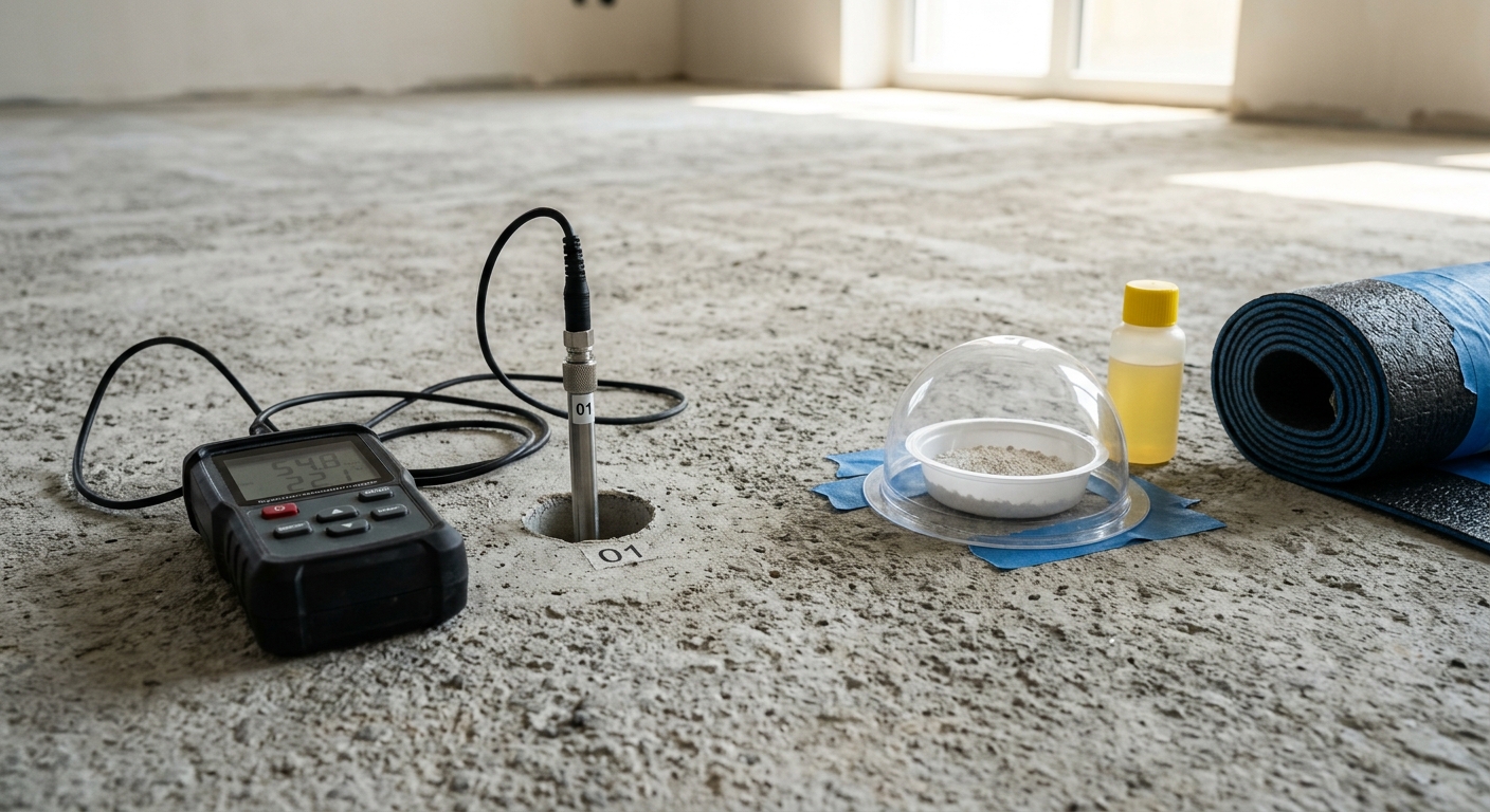 Technician running ASTM F1869 and F2170 moisture testing on a commercial concrete slab before a coating goes down